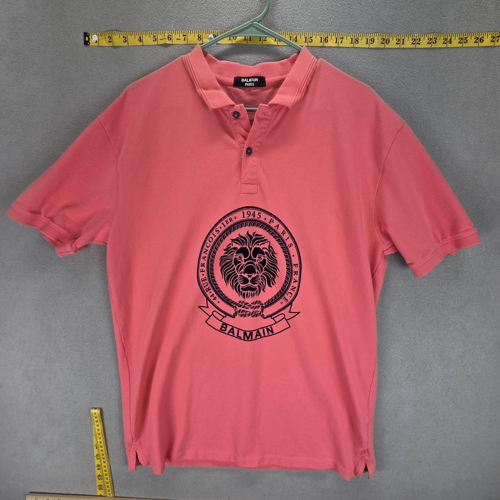 Balmain Shirt Mens Large Pink Polo Lion Crest Logo Cotton Paris Casual Knit